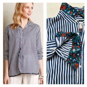 Holding Horses Striped Floral Button Down Shirt Women's Size M Navy Blue